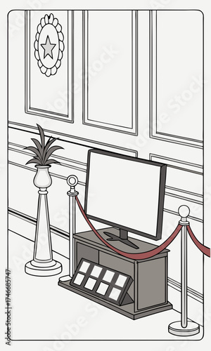 Blank TV Screen in an Interior Setting with Plant and Rope Barrier.