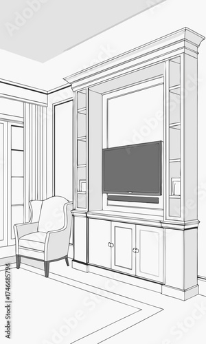 Built-in Entertainment Center Design with Chair Sketch Home Theater Unit Plan TV Cabinet Blueprint.
