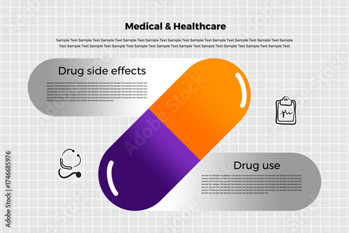 Modern infographic with explanations of medications and side effects in medical health. For presentations in hospitals. Vector eps.