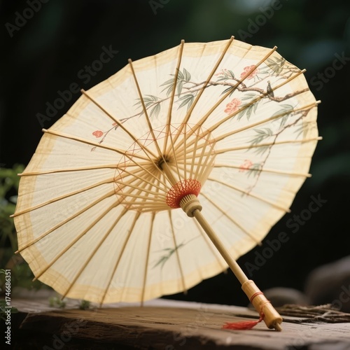 Traditional hand-painted paper umbrella with bamboo frame resting on a wooden surface in a natural setting
