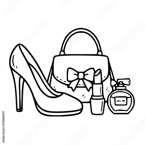 Fashion accessories heels perfume outline illustration