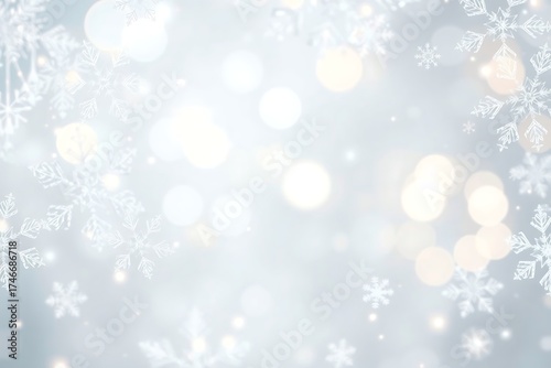 Generative AI winter wonderland soft focus with snowflakes and bokeh lights.