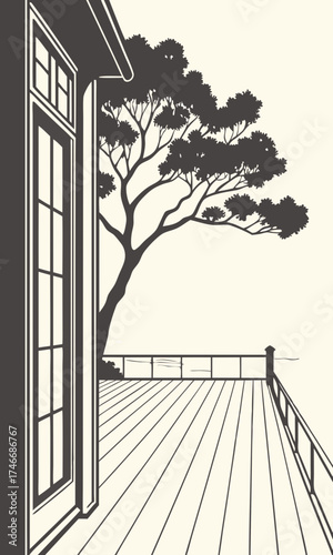 Deck tree house silhouette vector illustration design home nature outdoor landscape architecture wooden railing fence tranquil serene calm peaceful summer spring relaxation.