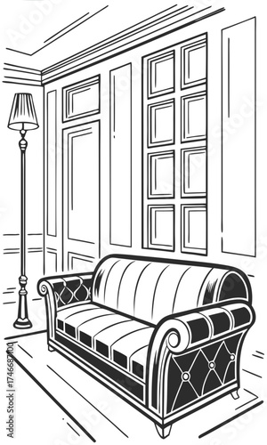 Elegant Classic Sofa in Living Room Interior Design Sketch Illustration.