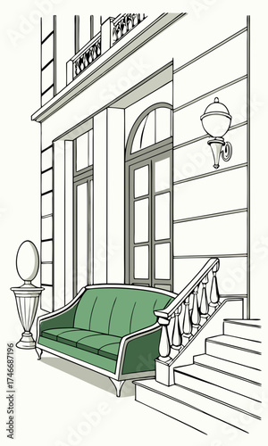 Elegant Green Sofa on Building Steps Classic Design Illustration.