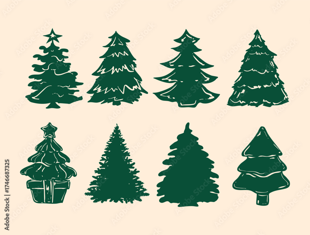 Obraz premium Christmas Tree Set Illustration – Hand Drawn Festive Evergreen Collection