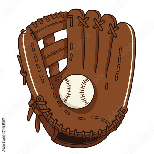 A classic brown leather baseball mitt cradles a white stitched sphere, perfectly illustrating the essence of America's favorite pastime with a vibrant, playful cartoon style.