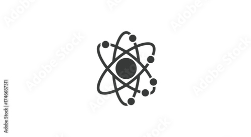 Simple black and white illustration of an atomic structure with orbiting electrons