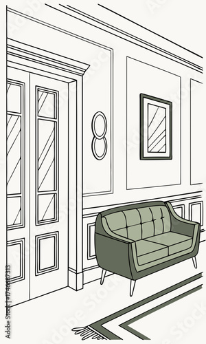 Elegant Interior Design Sketch with Sofa and Door Illustration.