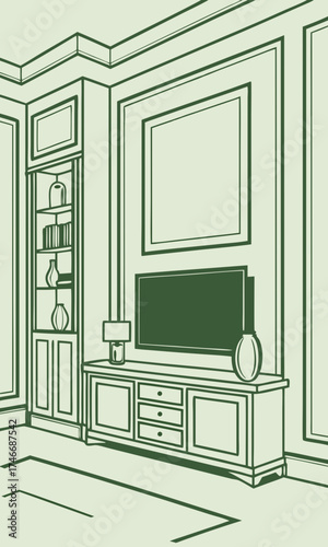 Elegant Living Room Interior Design Sketch Modern Home Decor Flat Screen TV Cabinetry Illustration.