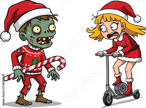 Christmas zombie cartoon, festive horror character, Santa hat monster, cheerful girl on scooter, candy cane weapon, quirky holiday humor, fantasy art, Christmas zombie