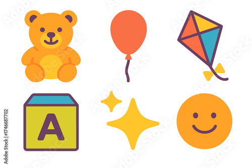 Playful Dream Icons. Childlike dreaming flat icon set. teddy bear, balloon, toy block, kite, sparkle, smile.