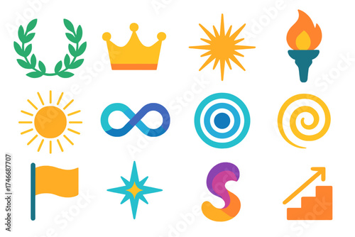 Icons of Victory. Symbolic victory flat icon set. laurel wreath, crown, starburst, torch flame, sun rays, infinity loop, ripple circle, spiral, flag, guiding star, abstract swirl
