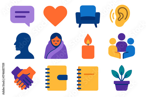 Therapy Icons Collection. Therapy session flat icon set. speech bubble, heart, chair, listening ear, notebook, silhouette, comfort blanket, candle flame, group circle, support