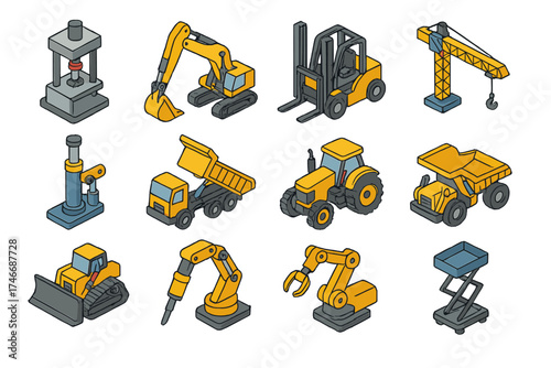 Hydraulic Machinery Icons. Hydraulics Machinery isometric set. hydraulic press, excavator arm, forklift lift, crane hydraulics, hydraulic jack, dump truck bed, tractor with