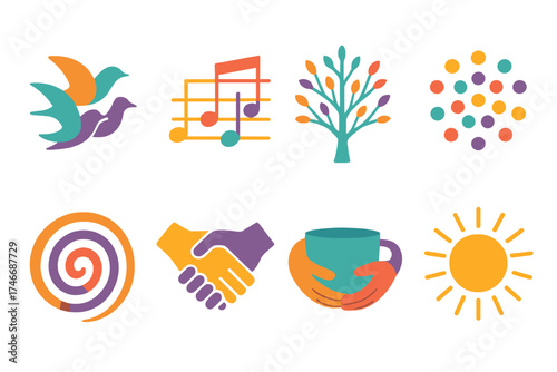 Harmony in Symbols. Unity flat icon set. birds flying together, musical notes harmony, tree with many branches, group of dots, spiral, clasped hands, shared cup, sun rays.