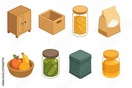 Pantry Icon Set. Pantry isometric set. cupboard, storage box, pasta jar, rice bag, fruit basket, pickles jar, tea tin, honey jar.