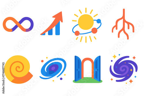 Vibrant Vector Icons. Expansion flat icon set. infinity loop, upward arrow, solar rays, orbiting planets, branching river, spiral shell, galaxy, open gate.