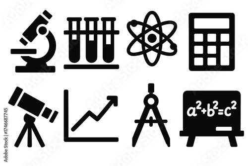 Bold Science Icons. Scientific Reason silhouette set. microscope, test tubes, atom, calculator, telescope, graph, compass, equation board.