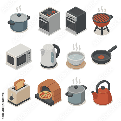 Isometric Kitchen Icons. Food heating isometric set. cooking pot, stove, oven, grill, microwave, kettle, steaming bowl, frying pan, toaster, pizza oven, soup pot, tea kettle.
