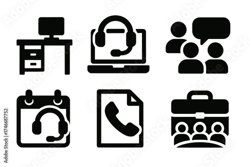 Brutalist Business Icons. Business headset silhouette set. office desk, laptop with headset, call center mic, group chat, calendar with headset, document with call, briefcase