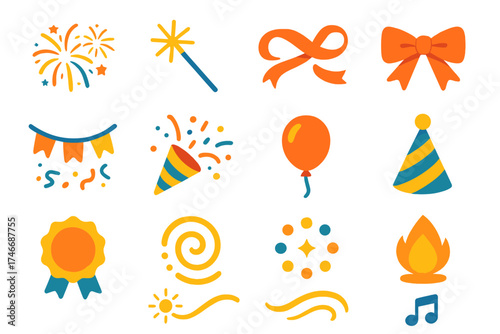 Vibrant Festival Icons. Festival visuals flat icon set. fireworks, sparkler, ribbon, bow, garland, streamer, confetti, festive horn, balloon, party hat, festive badge, glowing
