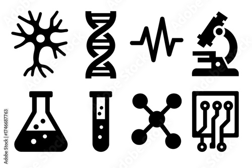 Biological Memory Icons. Biological Memory silhouette set. neuron, DNA strand, brainwave, microscope, chemical flask, test tube, network nodes, circuit board.