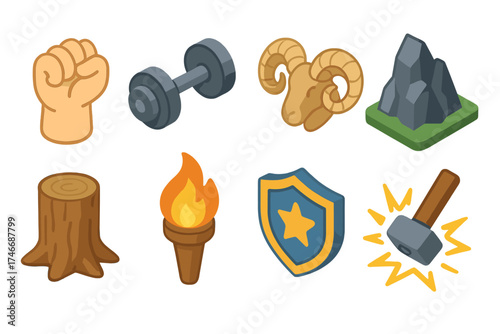 Strength Icon Set. Strength isometric set. clenched hand, iron dumbbell, ram horns, mountain cliff, oak trunk, torch flame, shield with star, hammer strike.