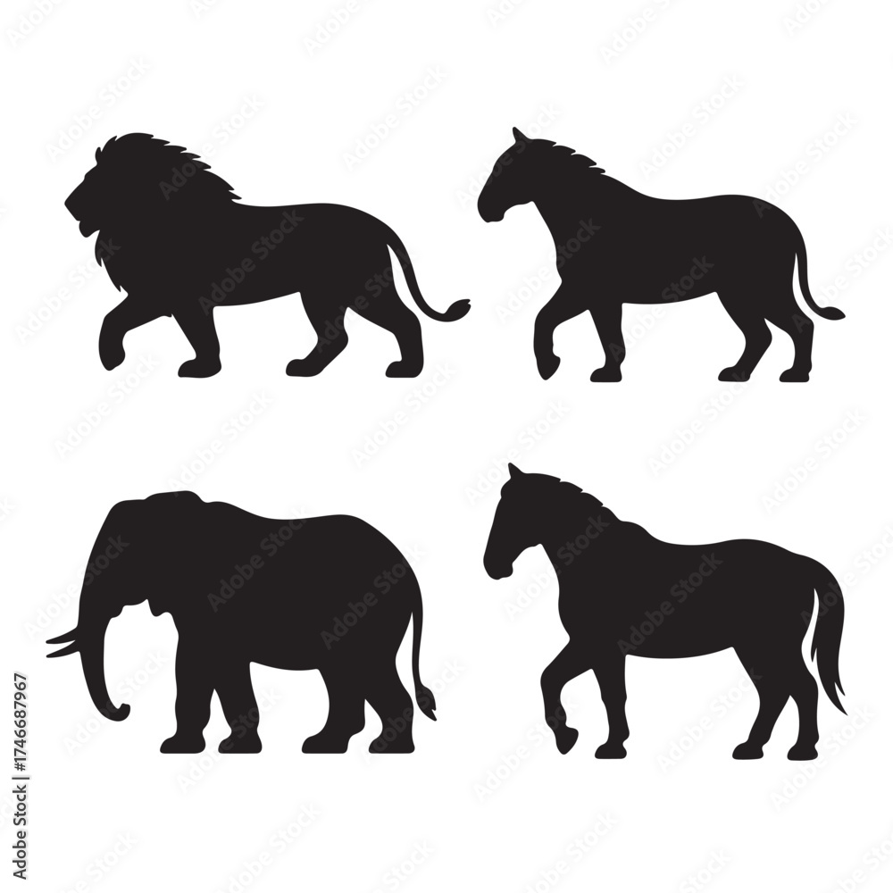 Naklejka premium Silhouette Animals Depicting Lion Horse and Elephant Walking Together on Plain Background Expressing Wildlife and Nature