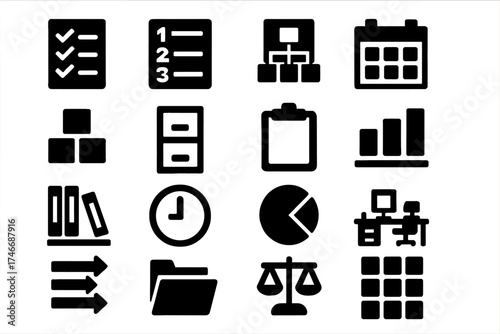 Brutalist Icon Set. Order silhouette set. checklist, numbered list, flowchart, calendar, stacked blocks, filing cabinet, clipboard, bar chart, bookshelf, clock, pie chart, tidy