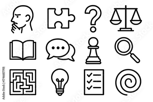 Abstract Thinking Icons. Critical analysis outline set. thinking head, puzzle piece, question mark, balance scales, book, dialogue bubble, chess piece, magnifier, labyrinth, light