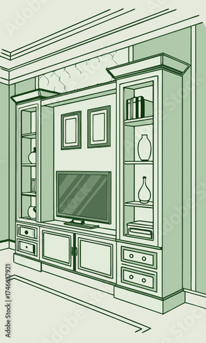 Entertainment Center Design Home Theater Unit Sketch Modern Living Room Furniture Built-in Cabinetry Illustration.