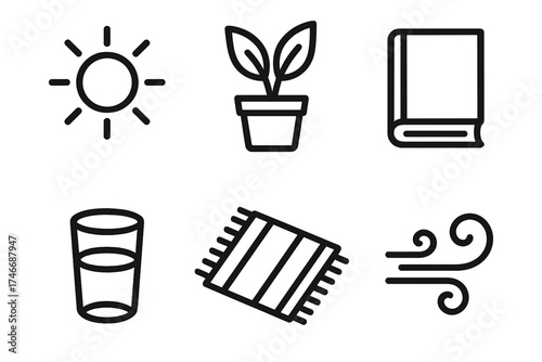 Cozy Sunny Nook. Sunny nook outline set. sun, potted plant, book, glass, rug, breeze swirl.