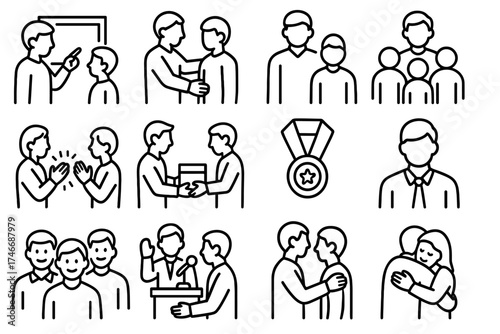 Acknowledgment Icons Collection. Acknowledgment People outline set. teacher with student, mentor with apprentice, team leader with group, applause crowd, award handover, medal on