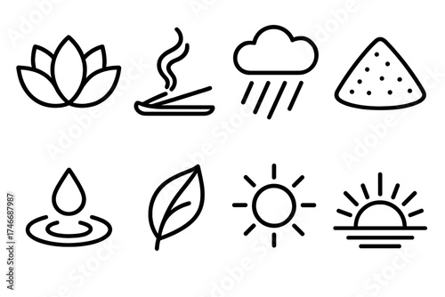Zen Elements Icons. Purifying outline set. lotus flower, incense smoke, rain shower, salt mound, droplet ripple, leaf, glowing orb, sunrise.