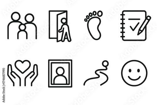 Family Icon Montage. Parental Permission outline set. family silhouettes, open door, baby footprint, diary notebook, heart in hands, framed photo, guiding path, smile face.