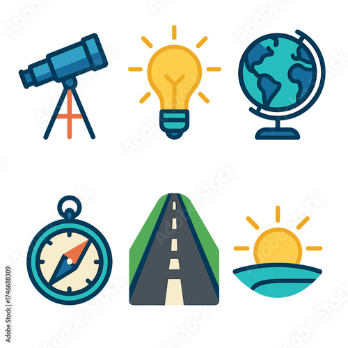 Visionary Tools Ensemble. Future vision flat icon set. telescope, light bulb, globe, compass, road, sunrise.