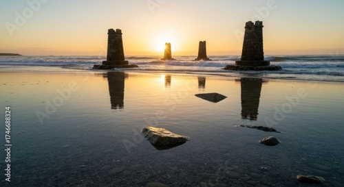Seaside towers emerge from low tide under a bright, clear sunset