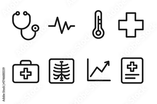 Medical Icon Set. Health Assessment outline set. stethoscope, heartbeat line, thermometer, hospital cross, first aid kit, x-ray, wellness chart, medical report.
