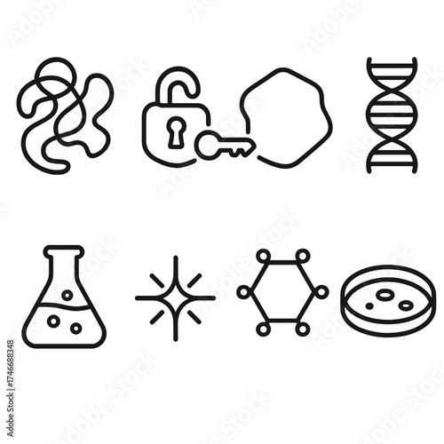 Biochemical Icon Set. Enzyme outline set. folded protein, lock and key symbol, substrate molecule, spiral chain, lab flask, reaction spark, hexagon molecule, petri dish.
