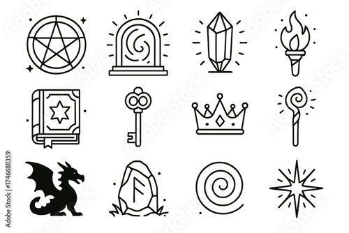 Mystical Portal Icons. Fantasy portal outline set. magic circle, glowing gate, crystal, torch flame, enchanted book, key, crown, wizard staff, dragon silhouette, rune stone, spiral