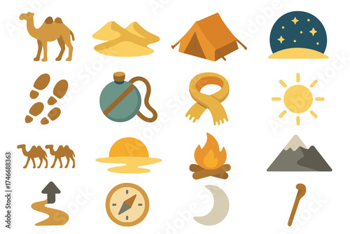 Nomadic Journey Icons. Nomadic Wanderer isometric set. camel, desert dune, tent, starry sky, footprints, water flask, scarf, sun, caravan, horizon, campfire, mountain, path arrow