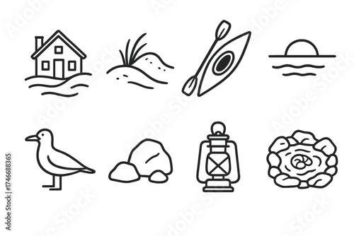 Coastal Icon Set. Bay outline set. coastal house, sand dune, kayak, horizon line, gull, rocks, lantern, tide pool.