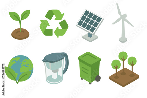 Eco Recovery Icons. Environmental Disaster Recovery isometric set. tree sprout, recycling symbol, solar panel, wind turbine, globe with leaves, water filter, compost bin