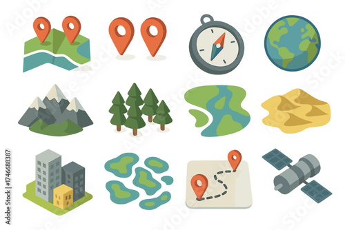 Geographic Icon Collection. Geographic clustering isometric set. map, location pins, compass, globe, mountain range, forest cluster, river delta, desert dunes, city blocks, island