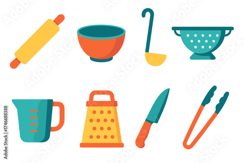 Minimalist Kitchen Icons. Kitchen flat icon set. rolling pin, mixing bowl, ladle, colander, measuring cup, grater, cutting knife, tongs.