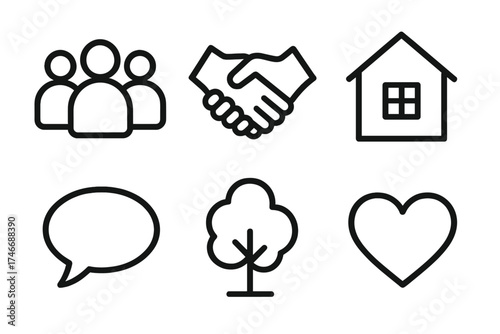 Community Symbol Icons. Community hub outline set. people group, handshake, house, speech bubble, tree, heart.