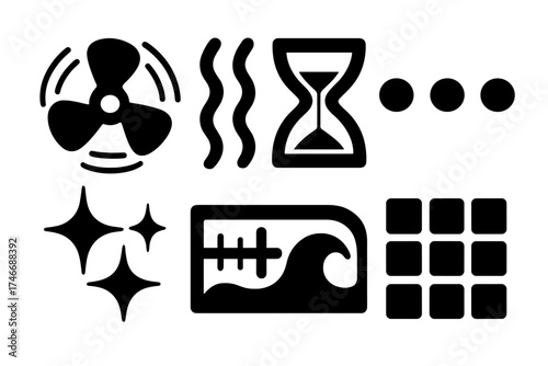 Bold Vector Icons. Frequency silhouette set. rotating fan, vibration lines, hourglass, Morse dots, star pulses, radio tuner, wave crest, pattern grid.