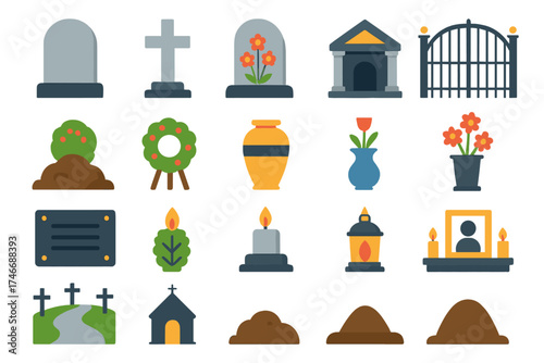 Cemetery Icons Collection. Grave site icons flat icon set. headstone, cross headstone, tombstone with flowers, grave with wreath, cemetery gate, mausoleum, urn, flower vase