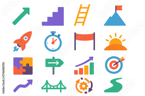 Symbols of Achievement. Progress flat icon set. upward arrow, staircase, ladder, mountain flag, rocket launch, stopwatch, finish line, rising sun, puzzle piece fit, road sign, bar
